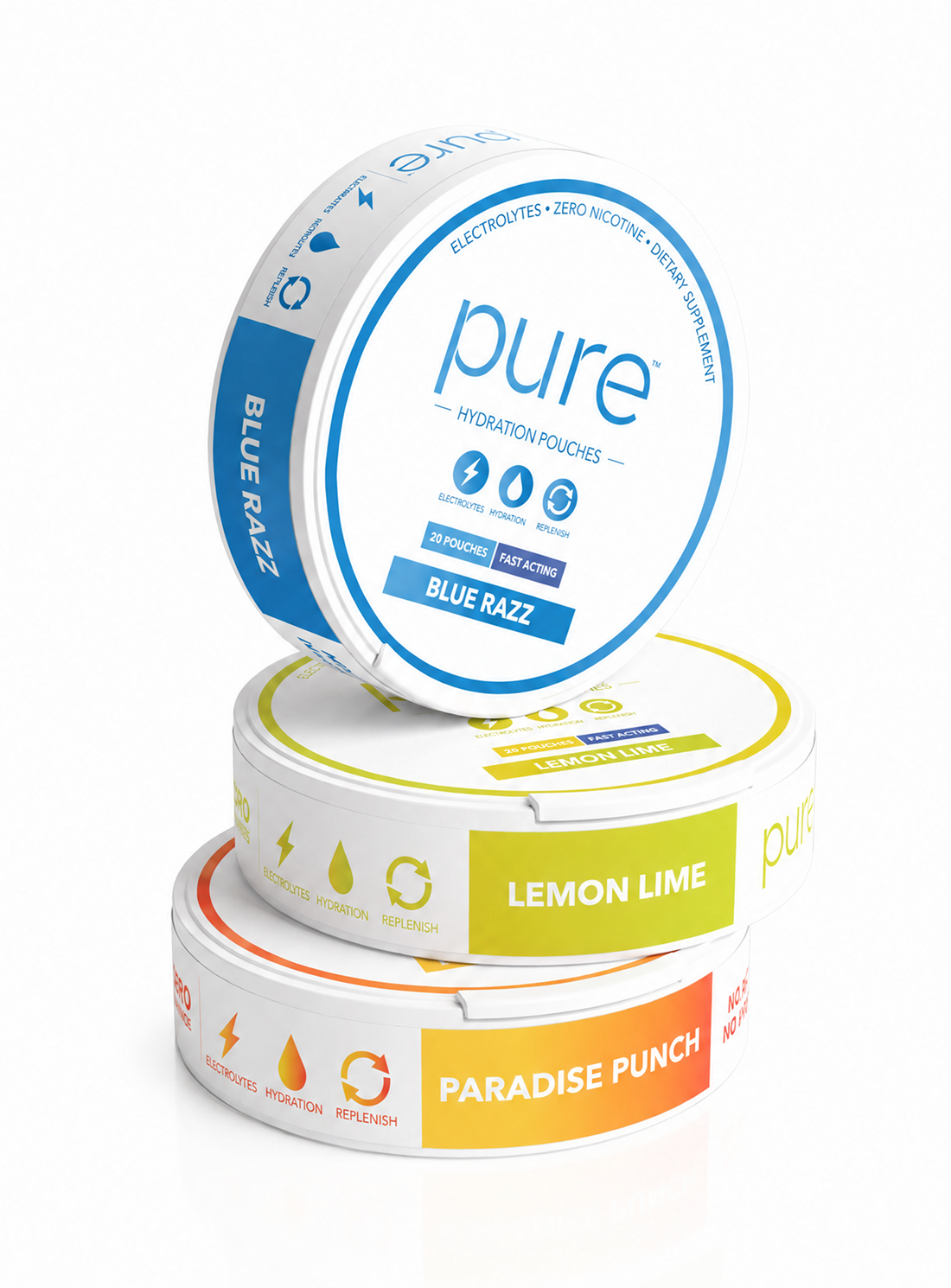 Pure Hydration Pouches — three stacked cans