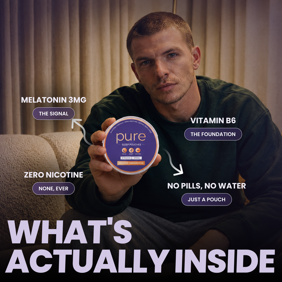 What’s actually inside Pure Sleep Pouches — 3mg melatonin and 25mg vitamin B6, made in USA