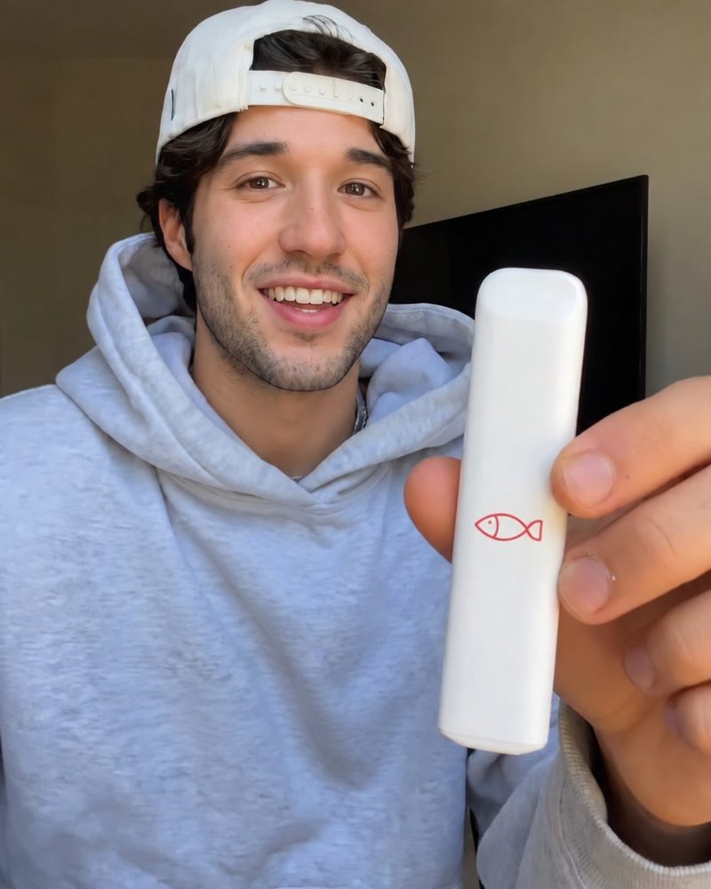 Smiling customer in a backwards cap holding up his Pure diffuser